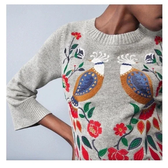 Loft Embroidered Floral Bird PEACOCKS Art deco Sweater Wool Blend L bell sleeves - Picture 11 of 11